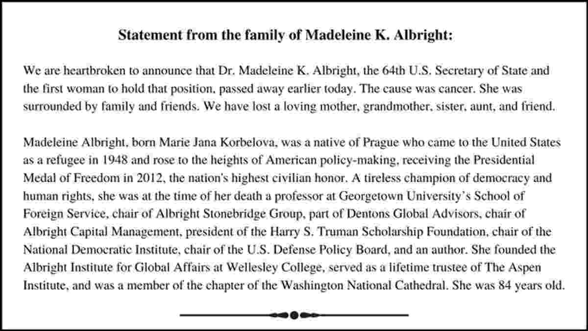 Madeleine Albright Biography, Net Worth, Age, Cause Of Birth, Children, USA Secretary, Husband