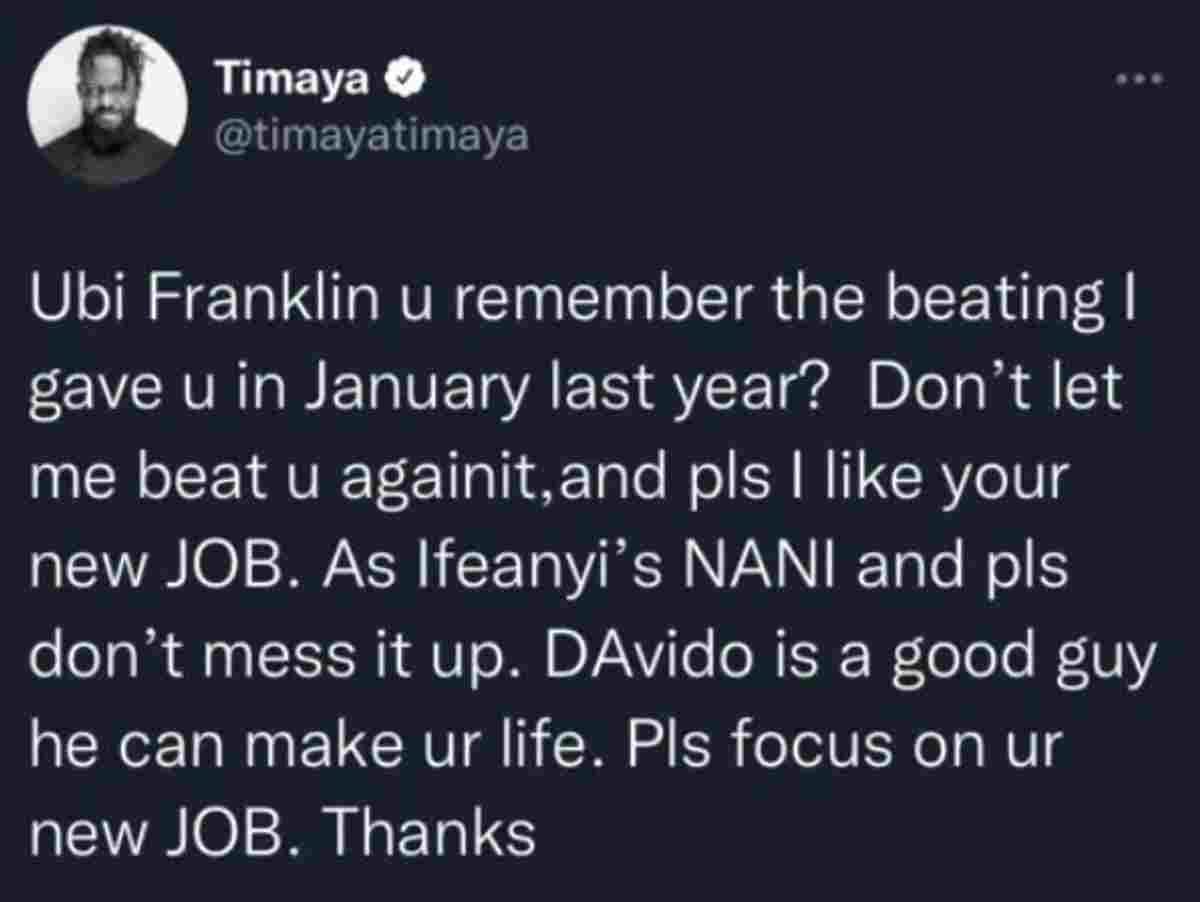 Timaya Threaten To Beat Up Ubi Franklin: Focus On Being Davido’s Son Nanny 